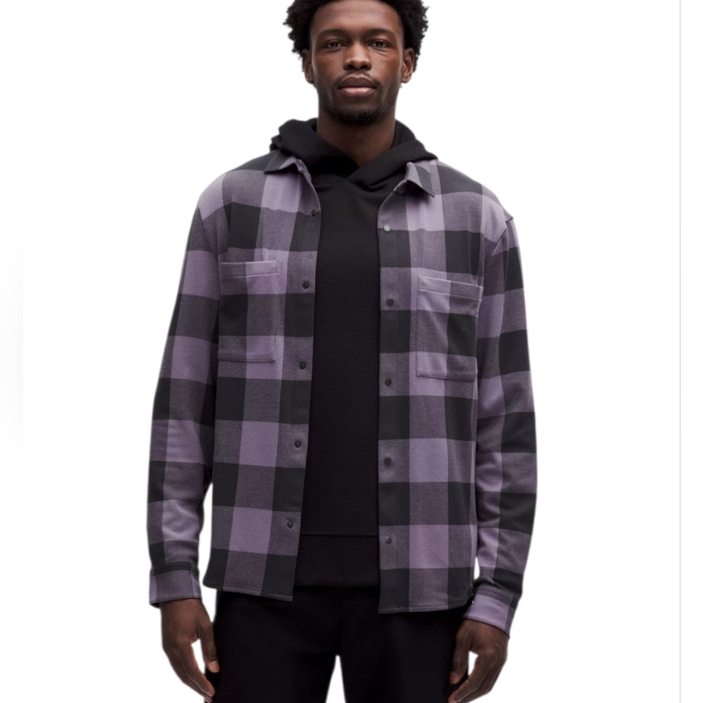 Lululemon Men's Softknit Overshirt Purple Black Buffalo Plaid Button-Up Shirt XL